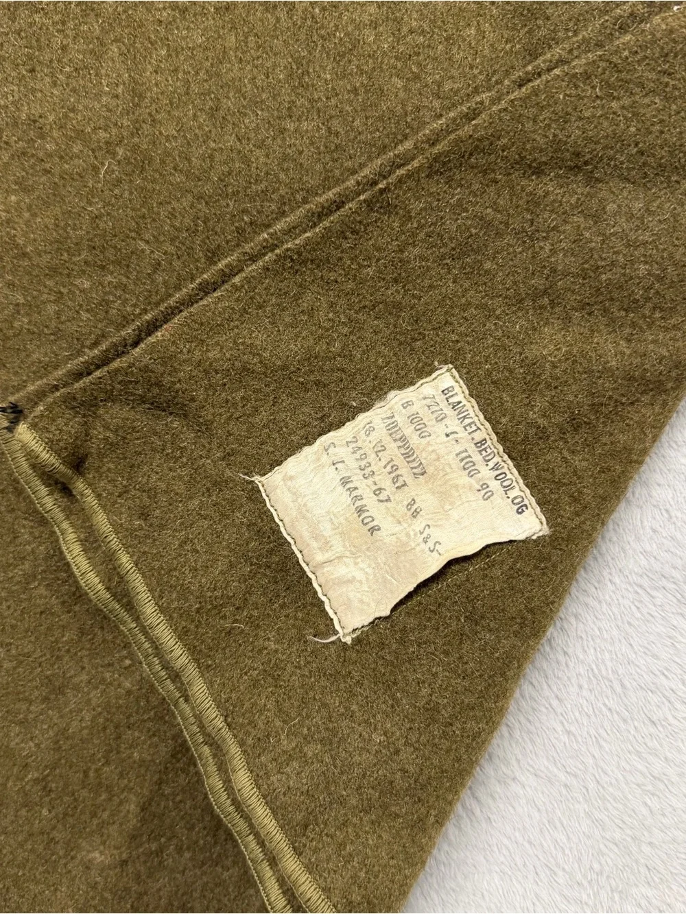 Vintage 1960s US Army Bed Wool OG Blanket USGI Green *Paint Marks 1967